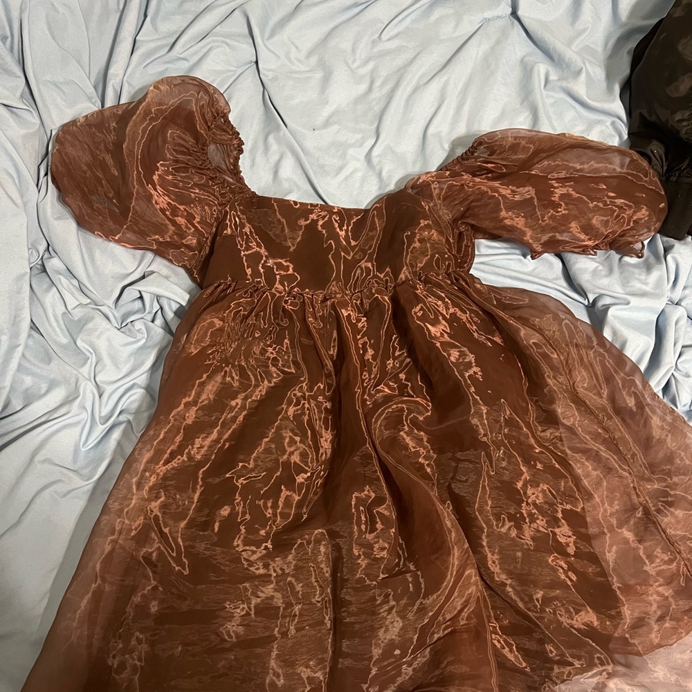 Elegant Brown Puff Sleeve Mini Dress